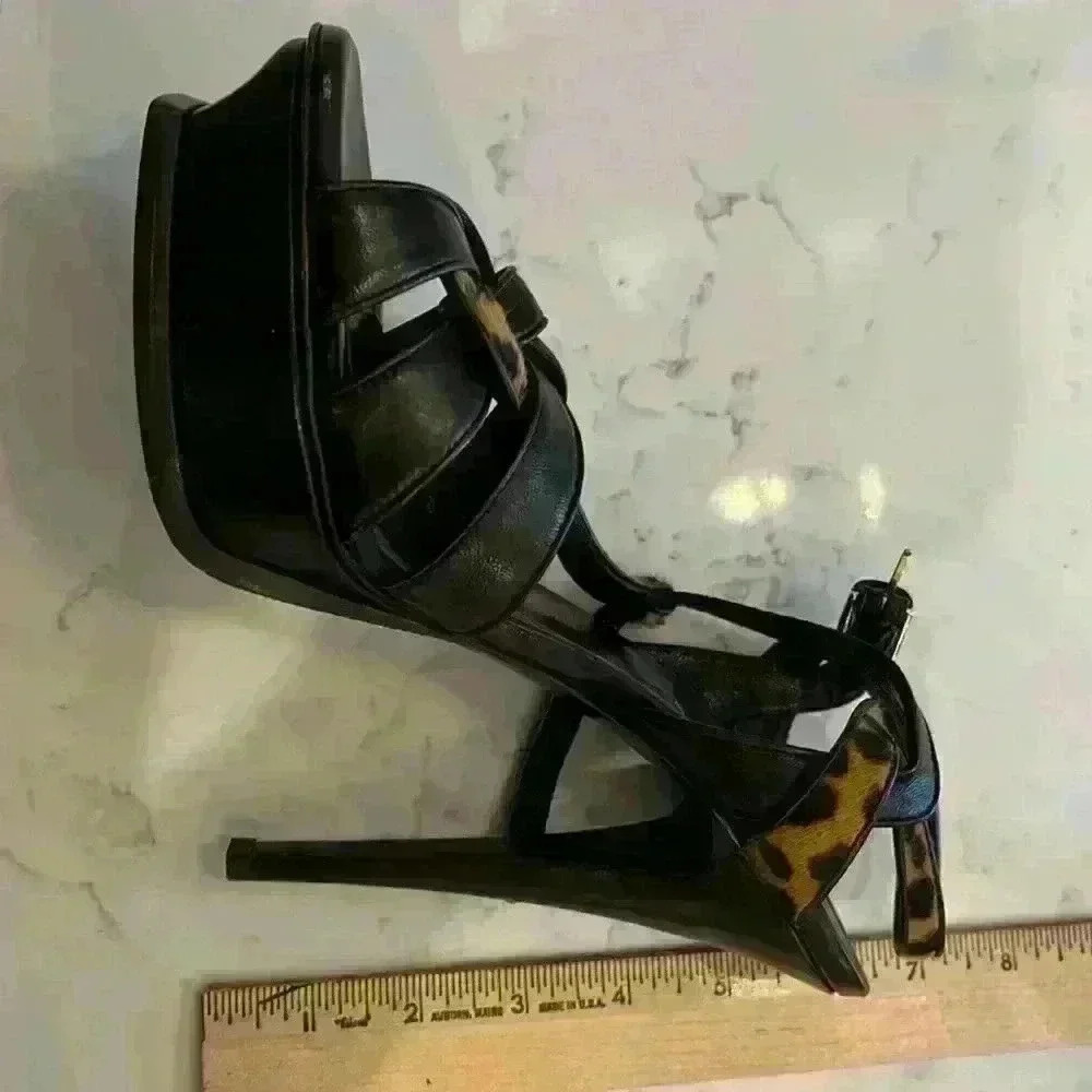 Stunning YSL platform sandals size 39 in brown leather with leopard trim - Picture 3 of 9